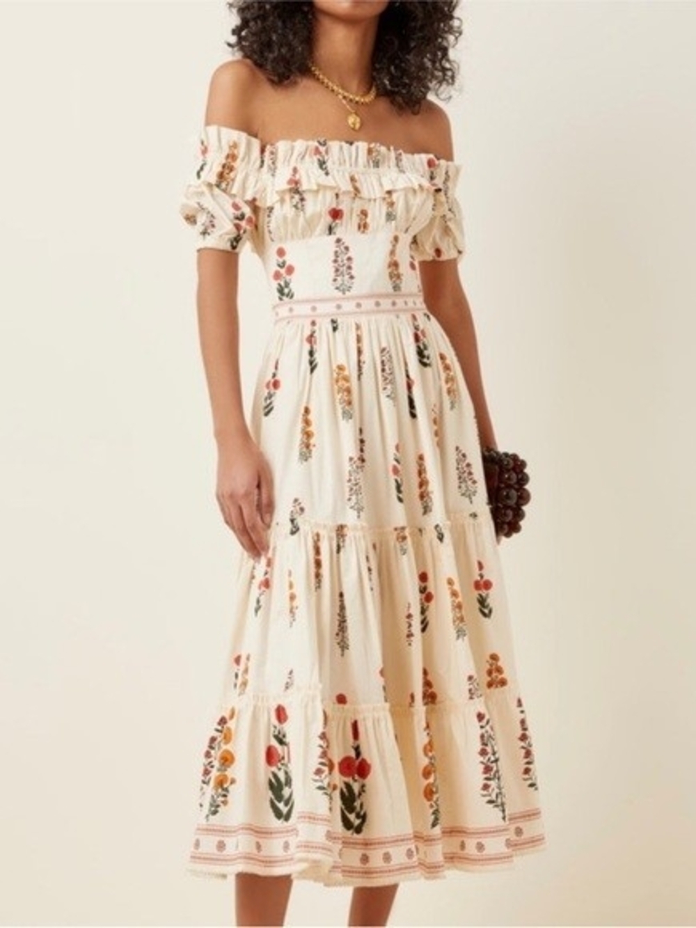 Aqua Cream Off-Shoulder Floral Midi Dress